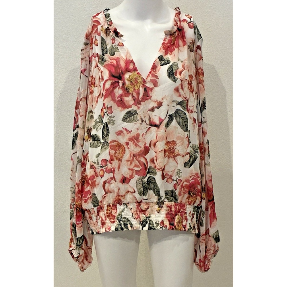 WHBM‎  Floral Sheer Overlay Smocked Blouse Sz XL Soft Romance Feminine Ethereal